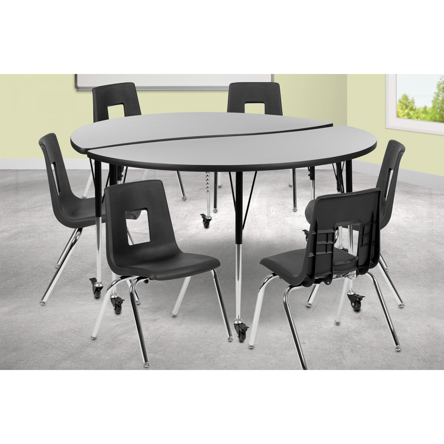 BLNK Emmy Mobile Circle Thermal Laminate Wave Flexible Activity Table Set - Gray, 60"D, with 18" Student Stack Chairs