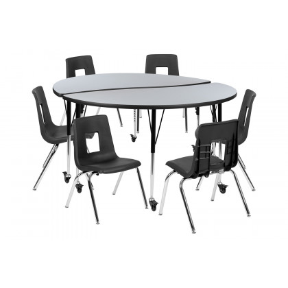 BLNK Emmy Mobile Circle Thermal Laminate Wave Flexible Activity Table Set - Gray, 60"D, with 18" Student Stack Chairs