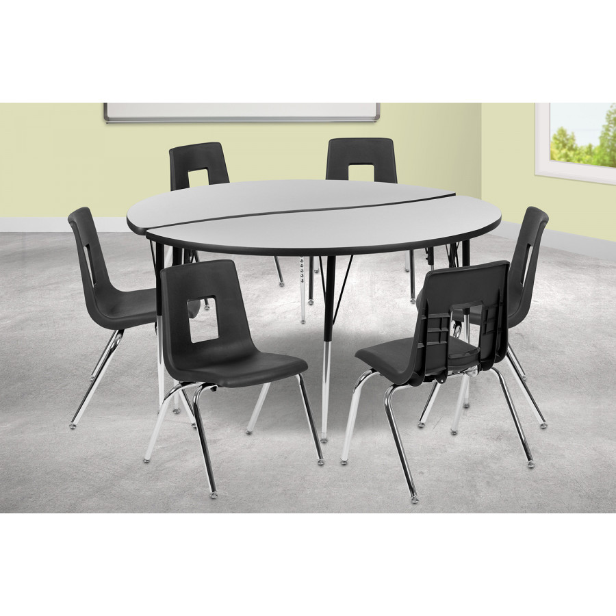 BLNK Emmy Circle Thermal Laminate Wave Flexible Activity Table Set - Gray, 60"D, with 18" Student Stack Chairs