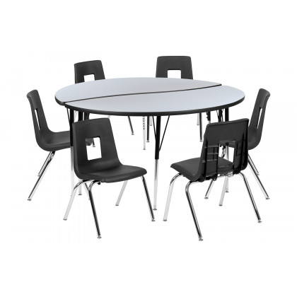 BLNK Emmy Circle Thermal Laminate Wave Flexible Activity Table Set - Gray, 60"D, with 18" Student Stack Chairs