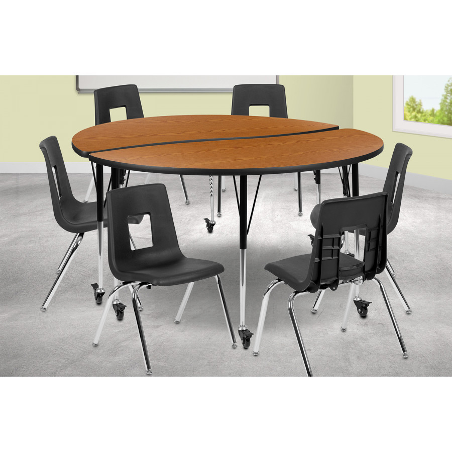 BLNK Emmy Mobile Circle Thermal Laminate Wave Flexible Activity Table Set - Oak, 60"D, with 18" Student Stack Chairs