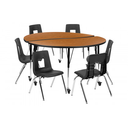 BLNK Emmy Mobile Circle Thermal Laminate Wave Flexible Activity Table Set - Oak, 60"D, with 18" Student Stack Chairs