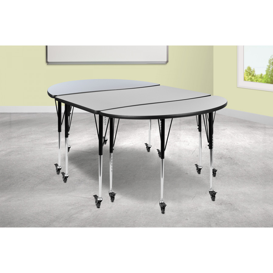 BLNK Emmy Mobile Oval Thermal Laminate Wave Flexible Activity Table Set 3 Piece - Gray, 76"L, with Standard Height Adjustable Legs