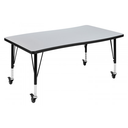 BLNK Emmy Mobile Oval Thermal Laminate Wave Flexible Activity Table Set 3 Piece - Gray, 76"L, with Short Height Adjustable Legs