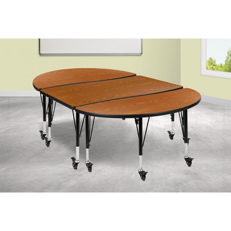 BLNK Emmy Mobile Oval Thermal Laminate Wave Flexible Activity Table Set 3 Piece - Oak, 76"L, with Short Height Adjustable Legs