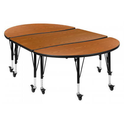 BLNK Emmy Mobile Oval Thermal Laminate Wave Flexible Activity Table Set 3 Piece - Oak, 76"L, with Short Height Adjustable Legs