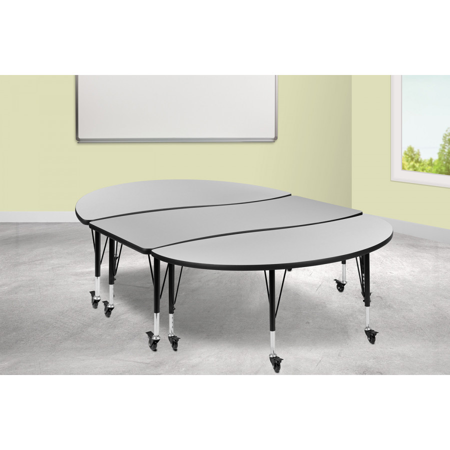 BLNK Emmy Mobile Oval Thermal Laminate Wave Flexible Activity Table Set 3 Piece - Gray, 86"L, with Short Height Adjustable Legs