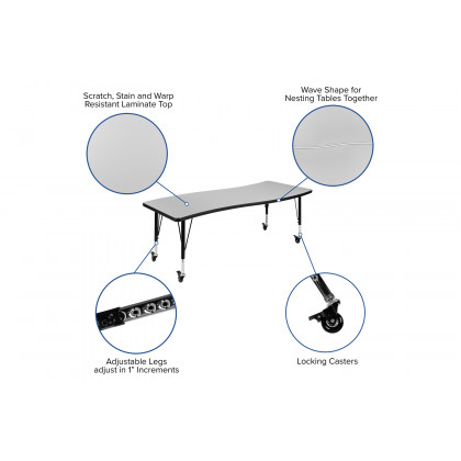 BLNK Emmy Mobile Oval Thermal Laminate Wave Flexible Activity Table Set 3 Piece - Gray, 86"L, with Short Height Adjustable Legs