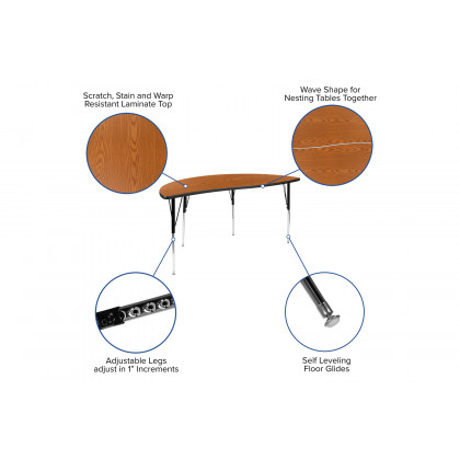 BLNK Emmy Oval Thermal Laminate Wave Flexible Activity Table Set 2 Piece - Oak, 86"L, with Standard Height Adjustable Legs