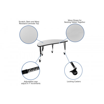 BLNK Emmy Mobile Circle Thermal Laminate Wave Flexible Kids Adjustable Activity Table Set 2 Piece - Gray, 47.5"D, with Short Height Adjustable Legs