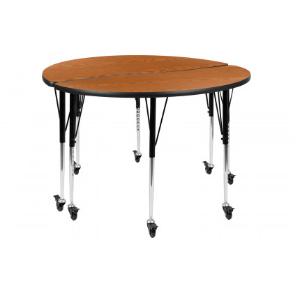BLNK Emmy Mobile Circle Thermal Laminate Wave Flexible Kids Adjustable Activity Table Set 2 Piece - Oak, 47.5"D, with Standard Height Adjustable Legs