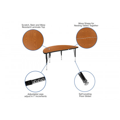 BLNK Emmy Circle Thermal Laminate Wave Flexible Activity Table Set 2 Piece - Oak, 47.5"D, with Short Height Adjustable Legs