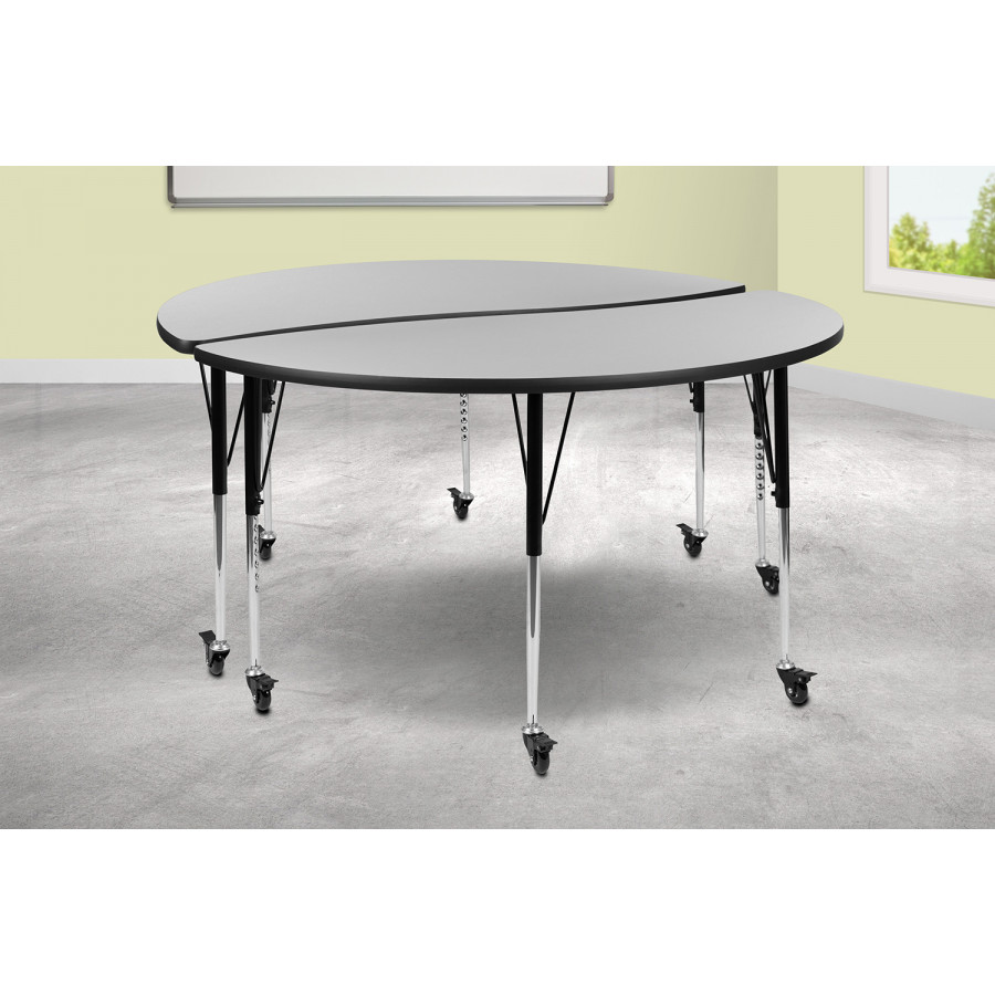 BLNK Emmy Mobile Circle Thermal Laminate Wave Flexible Kids Adjustable Activity Table Set 2 Piece - Gray, 60"D, with Standard Height Adjustable Legs