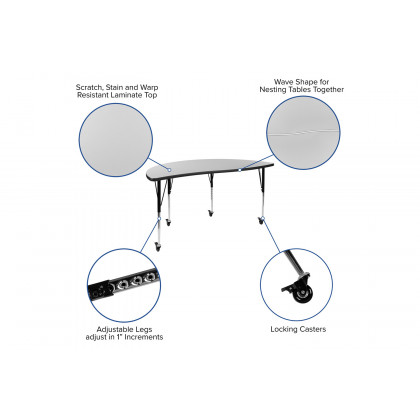 BLNK Emmy Mobile Circle Thermal Laminate Wave Flexible Kids Adjustable Activity Table Set 2 Piece - Gray, 60"D, with Standard Height Adjustable Legs