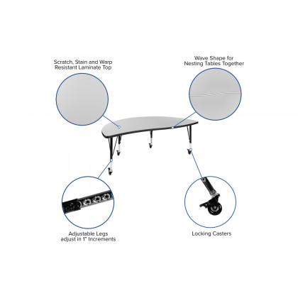 BLNK Emmy Mobile Circle Thermal Laminate Wave Flexible Kids Adjustable Activity Table Set 2 Piece - Gray, 60"D, with Short Height Adjustable Legs