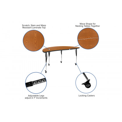 BLNK Emmy Mobile Circle Thermal Laminate Wave Flexible Kids Adjustable Activity Table Set 2 Piece - Oak, 60"D, with Standard Height Adjustable Legs