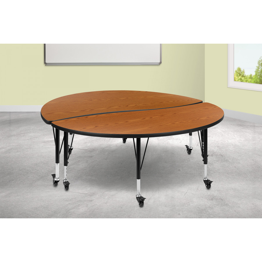 BLNK Emmy Mobile Circle Thermal Laminate Wave Flexible Kids Adjustable Activity Table Set 2 Piece - Oak, 60"D, with Short Height Adjustable Legs