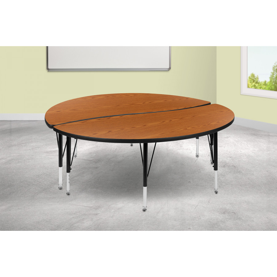 BLNK Emmy Circle Thermal Laminate Wave Flexible Activity Table Set 2 Piece - Oak, 60"D, with Short Height Adjustable Legs