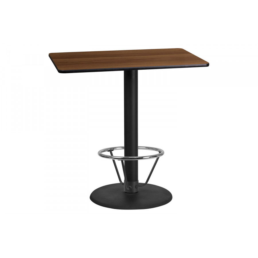 BLNK Rectangular Bar Height Table with 24'' Round Base - Walnut, 24"W x 42"L, with Foot Ring