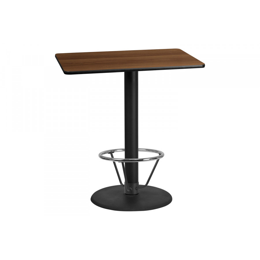 BLNK Rectangular Bar Height Table with 24'' Round Base - Walnut, 30"W x 42"L, with Foot Ring