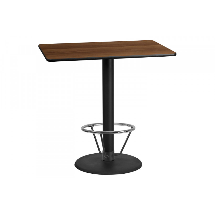 BLNK Rectangular Bar Height Table with 24'' Round Base - Walnut, 30"W x 48"L, with Foot Ring
