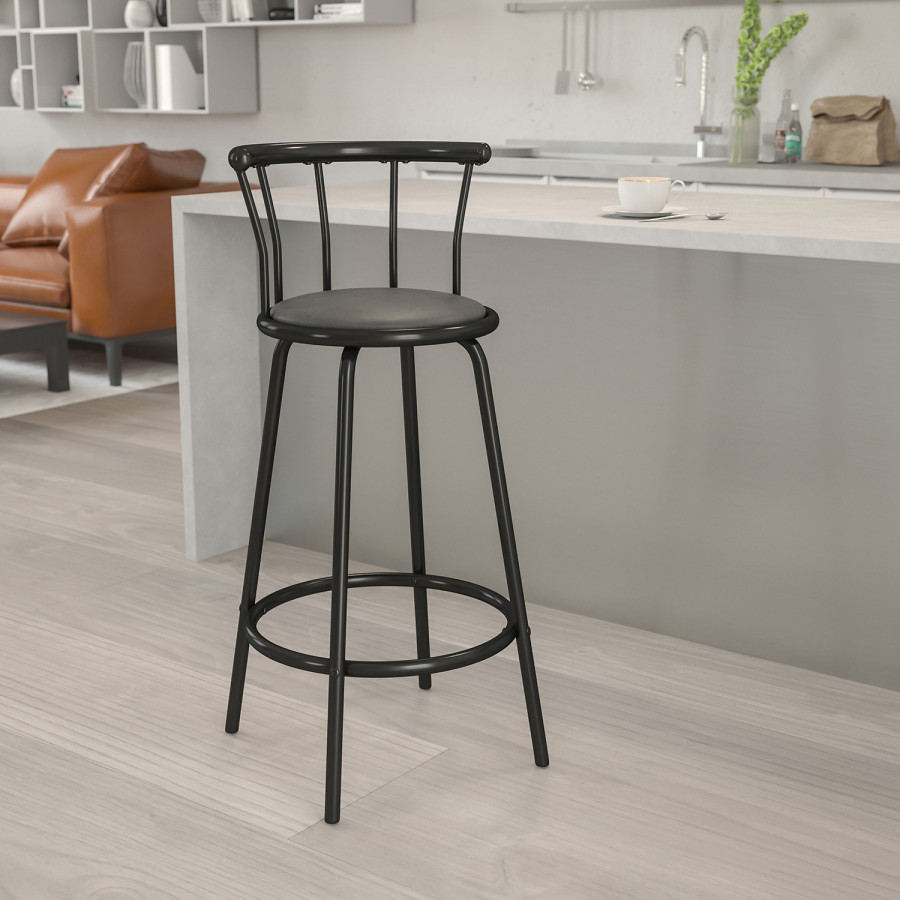 BLNK - Charla Black Metal Crown Back Bar Stool with Black Vinyl Swivel Seat