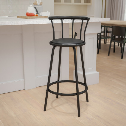 BLNK - Charla Black Metal Crown Back Bar Stool with Black Vinyl Swivel Seat