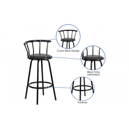 BLNK - Charla Black Metal Crown Back Bar Stool with Black Vinyl Swivel Seat