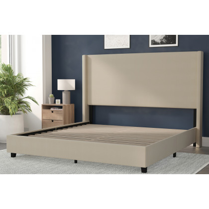 BLNK Quinn Upholstered Platform Bed with Channel Stitched Wingback Headboard - Beige, King Size