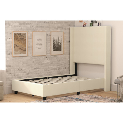 BLNK Quinn Upholstered Platform Bed with Channel Stitched Wingback Headboard - Beige, Twin Size