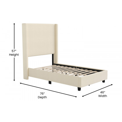 BLNK Quinn Upholstered Platform Bed with Channel Stitched Wingback Headboard - Beige, Twin Size