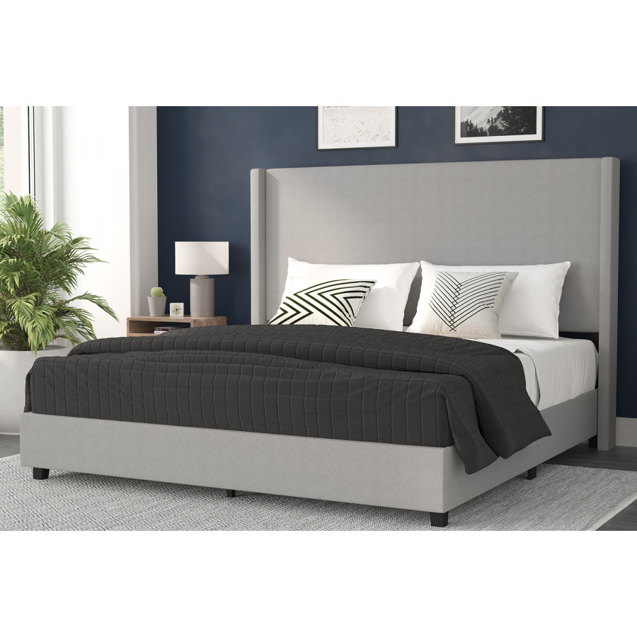 BLNK Quinn Upholstered Platform Bed with Channel Stitched Wingback Headboard - Gray, King Size