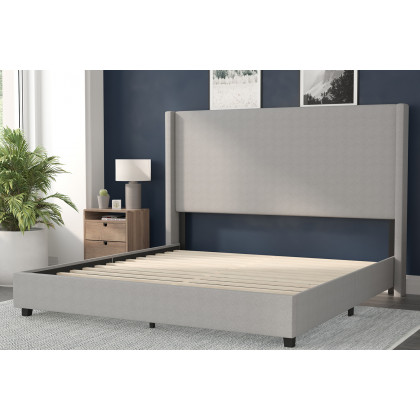 BLNK Quinn Upholstered Platform Bed with Channel Stitched Wingback Headboard - Gray, King Size