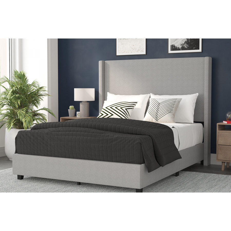 BLNK Quinn Upholstered Platform Bed with Channel Stitched Wingback Headboard - Gray, Queen Size