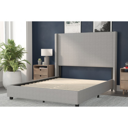 BLNK Quinn Upholstered Platform Bed with Channel Stitched Wingback Headboard - Gray, Queen Size