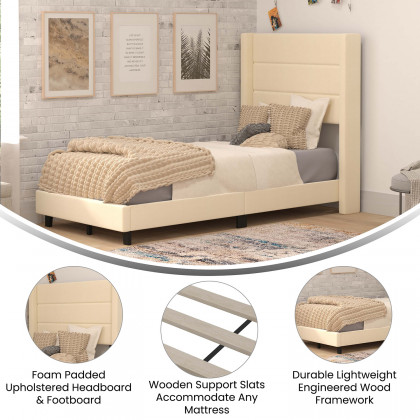 BLNK Hollis Upholstered Platform Bed with Wingback Headboard - Beige, Twin Size