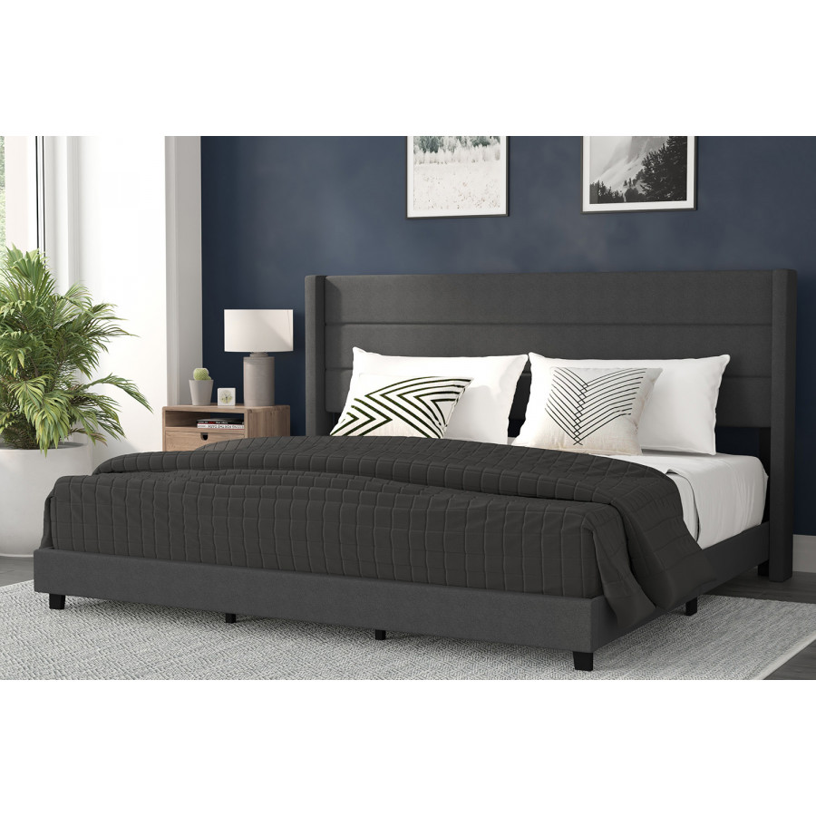 BLNK Hollis Upholstered Platform Bed with Wingback Headboard - Charcoal, King Size