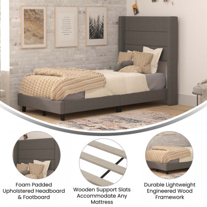 BLNK Hollis Upholstered Platform Bed with Wingback Headboard - Charcoal, Twin Size