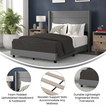 BLNK Hollis Upholstered Platform Bed with Wingback Headboard - Gray, Full Size