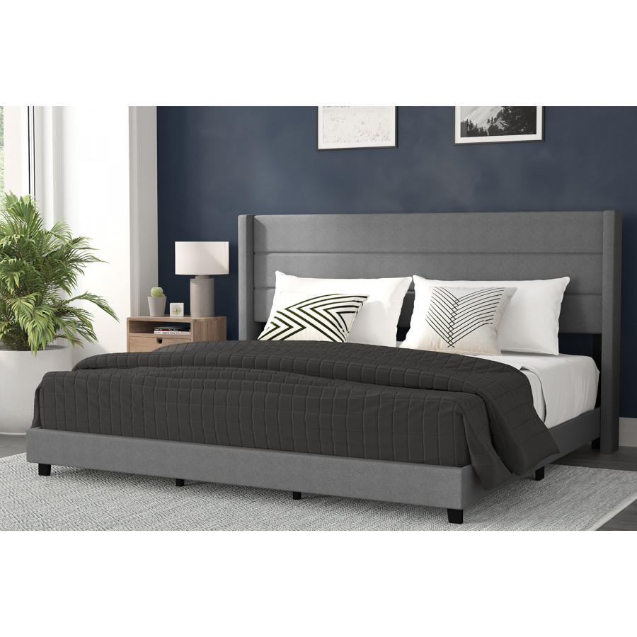 BLNK Hollis Upholstered Platform Bed with Wingback Headboard - Gray, King Size