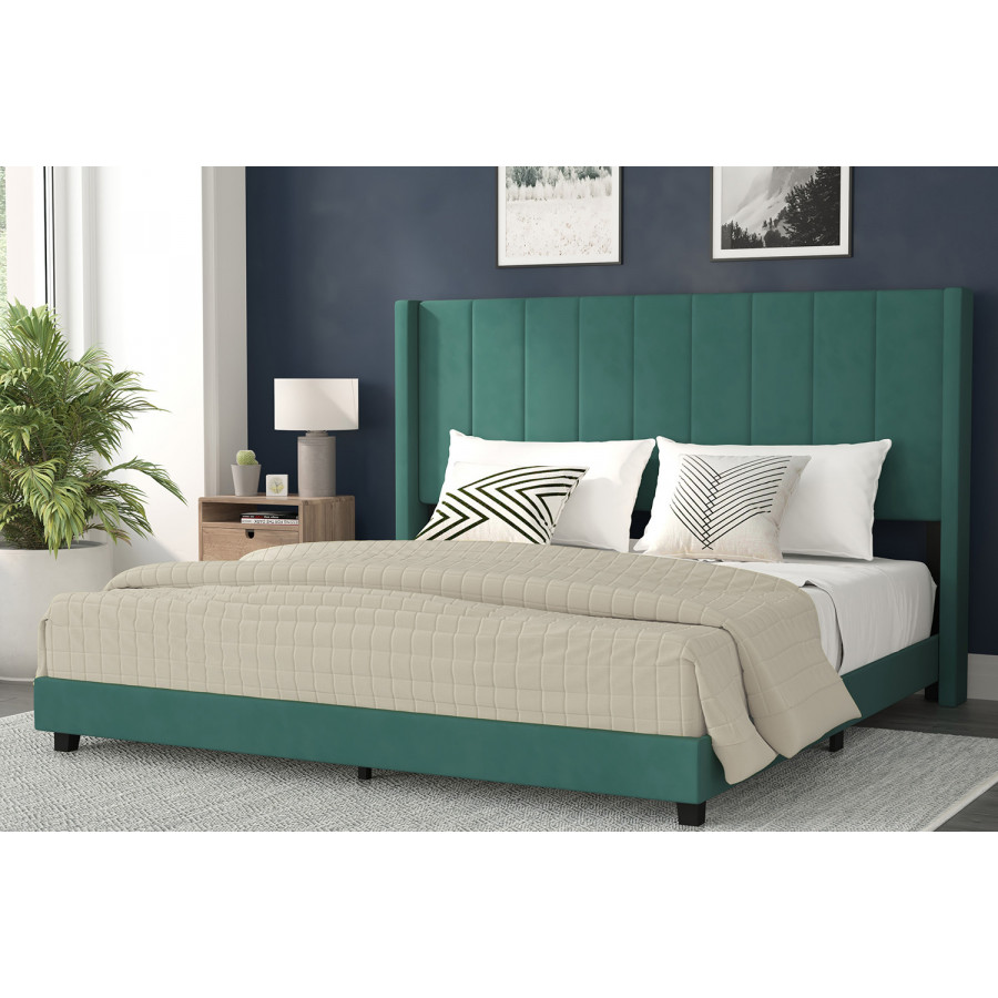 BLNK Bianca Upholstered Platform Bed with Vertical Stitched Wingback Headboard - Emerald, King Size