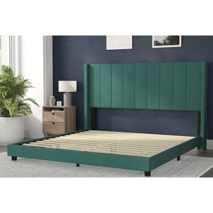BLNK Bianca Upholstered Platform Bed with Vertical Stitched Wingback Headboard - Emerald, King Size