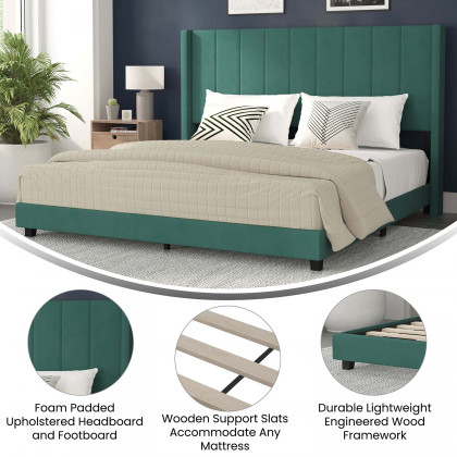 BLNK Bianca Upholstered Platform Bed with Vertical Stitched Wingback Headboard - Emerald, King Size