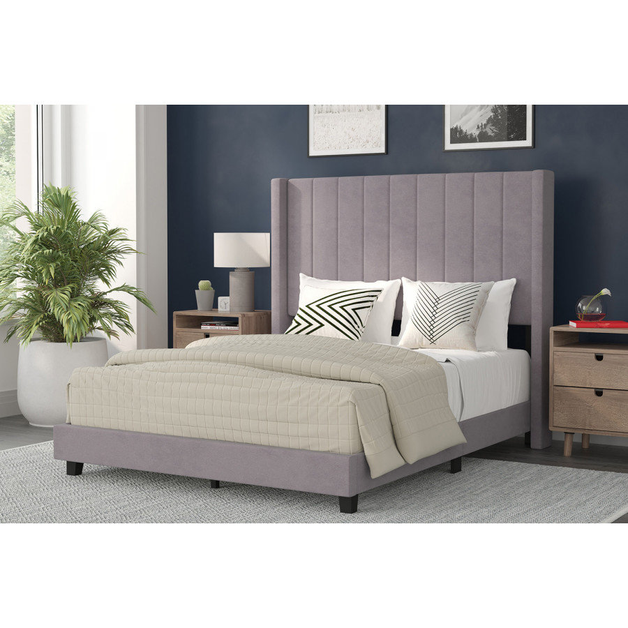 BLNK Bianca Upholstered Platform Bed with Vertical Stitched Wingback Headboard - Gray, Full Size