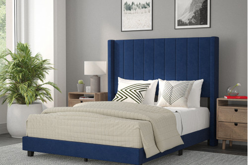 BLNK® Bianca Upholstered Platform Bed with Vertical Stitched Wingback Headboard - Navy, Full Size