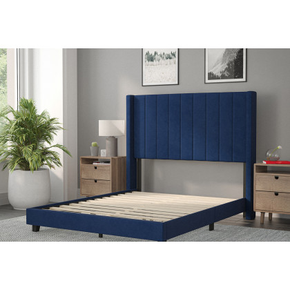BLNK Bianca Upholstered Platform Bed with Vertical Stitched Wingback Headboard - Navy, Full Size