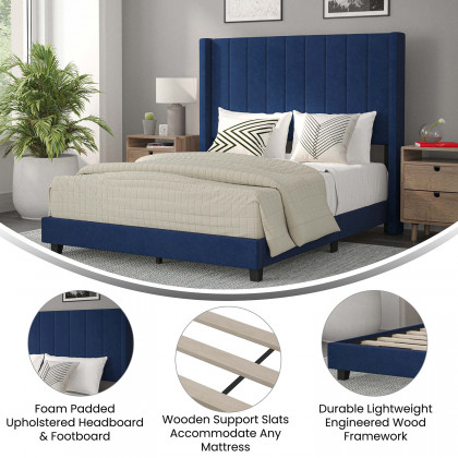BLNK Bianca Upholstered Platform Bed with Vertical Stitched Wingback Headboard - Navy, Full Size
