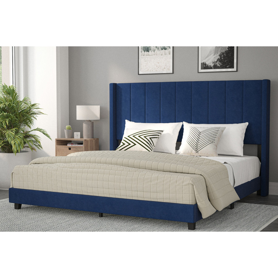 BLNK Bianca Upholstered Platform Bed with Vertical Stitched Wingback Headboard - Navy, King Size