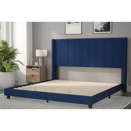 BLNK Bianca Upholstered Platform Bed with Vertical Stitched Wingback Headboard - Navy, King Size