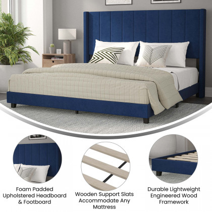 BLNK Bianca Upholstered Platform Bed with Vertical Stitched Wingback Headboard - Navy, King Size